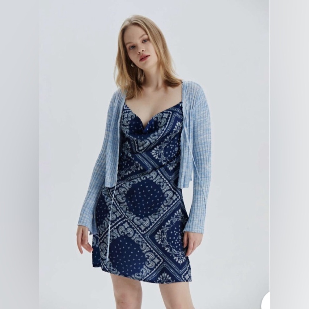 NWT CIDER blue bandana paisley cowl neck cami satin mini slip dress